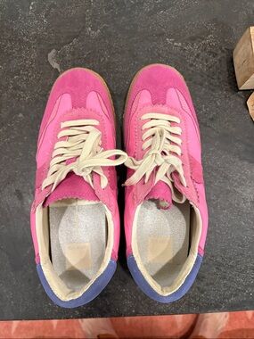 Dolce Vita Hot Pink Suede & Fabric Sneakers with Cream Laces and Blue Heel